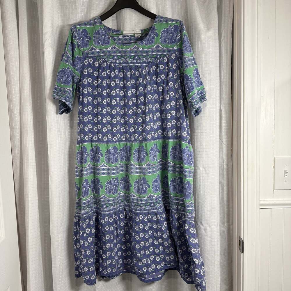 Vermont Country Store Muumuu Dress Women XL Purple Green Floral Cottagecore Folk